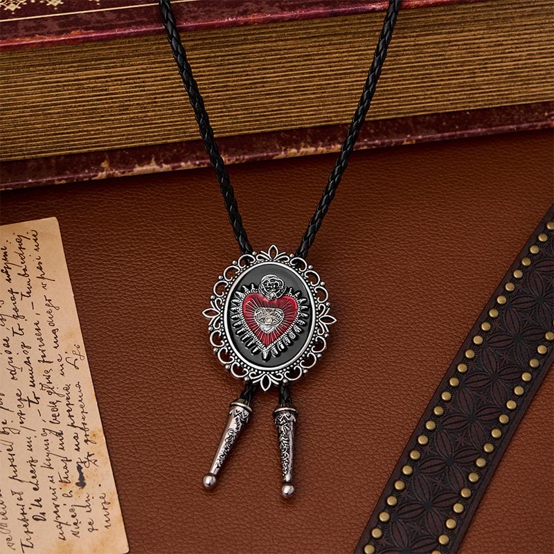Cravate bolo ovale vintage à motif floral, œil sacré et rose. - Rouge et noir - image 0