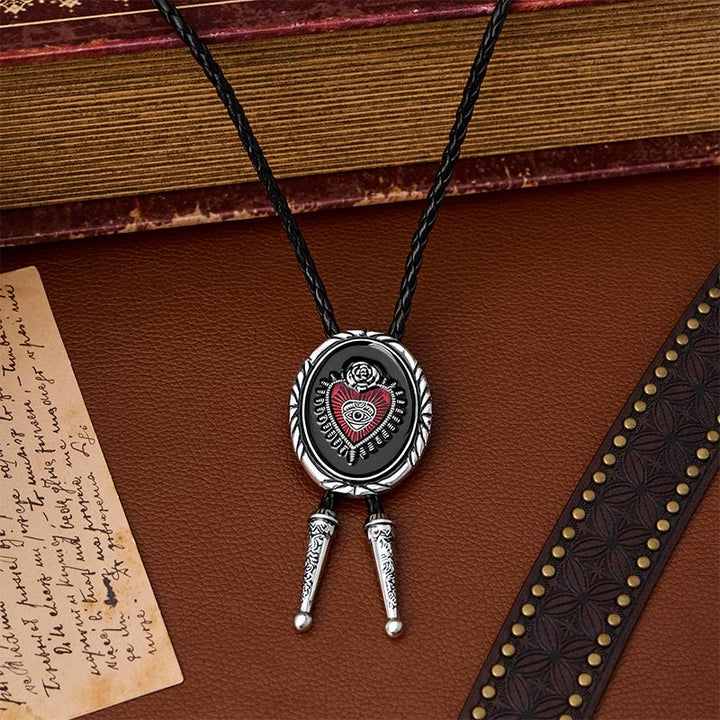Cravate bolo ovale à bordure torsadée, motif Sacré-Cœur et Œil qui voit tout, rose - Rouge et noir - image 0