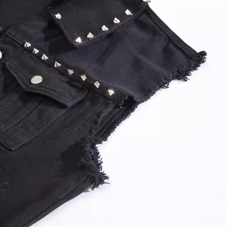 Gilet en jean noir clouté style punk rock à col à pointes - image 8