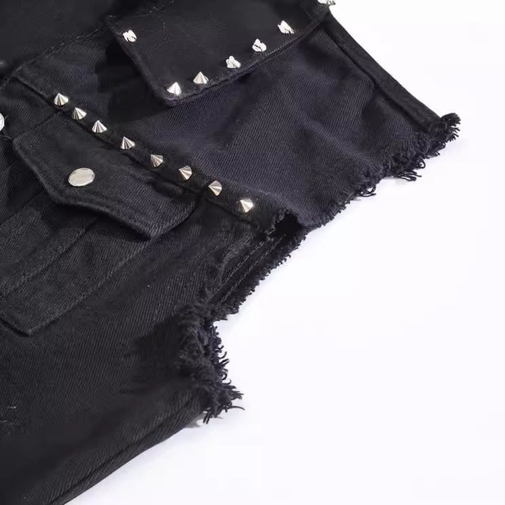 Gilet en jean noir clouté style punk rock à col à pointes - image 8