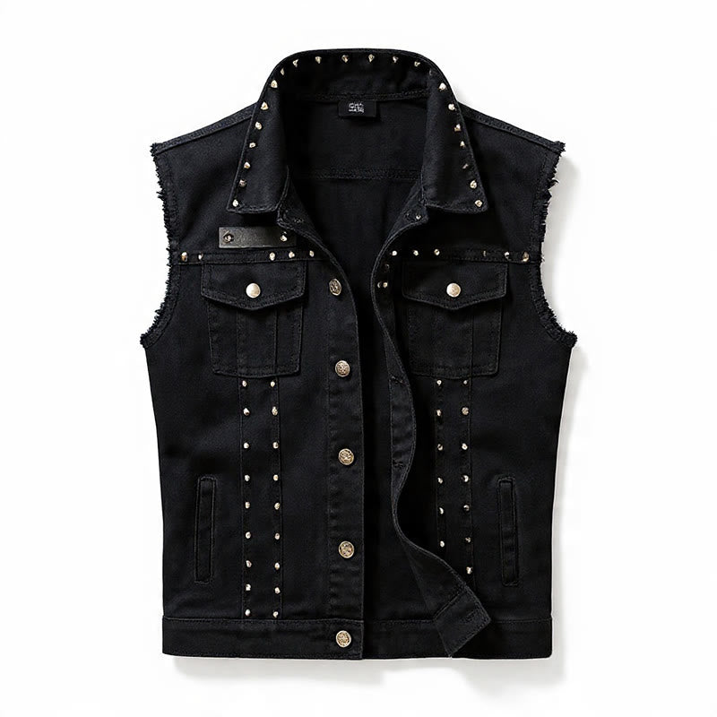 Gilet en jean noir clouté style punk rock à col à pointes - image 9