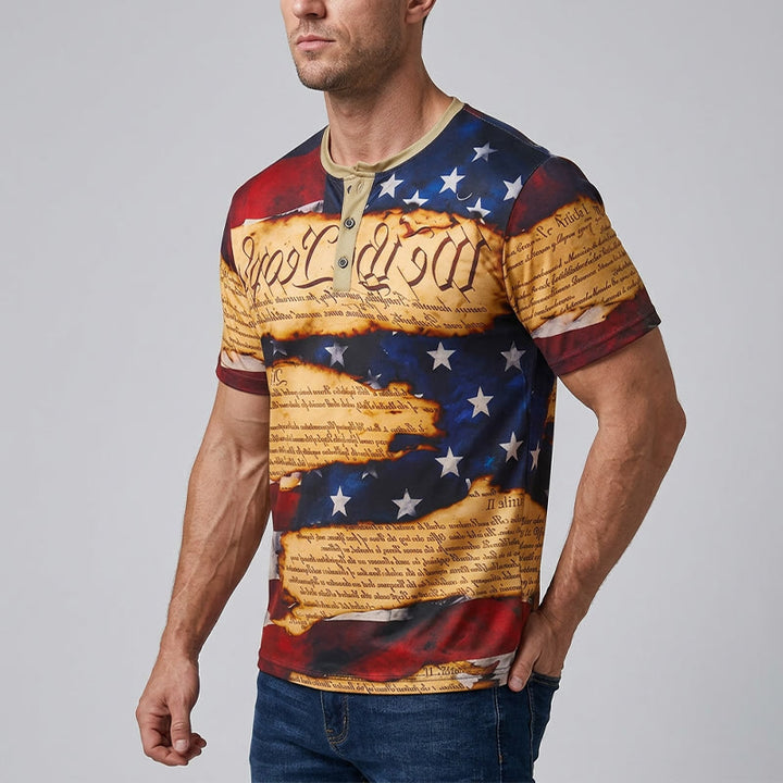 T-shirt Henley pour homme avec imprimé drapeau américain et motif texte vintage - image 2