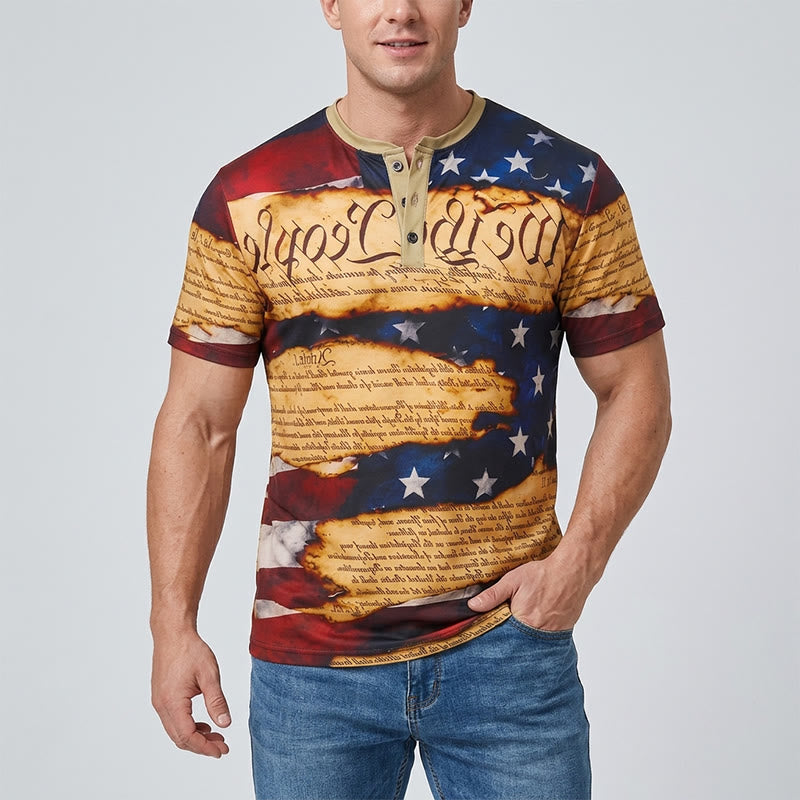 T-shirt Henley pour homme avec imprimé drapeau américain et motif texte vintage - image 1
