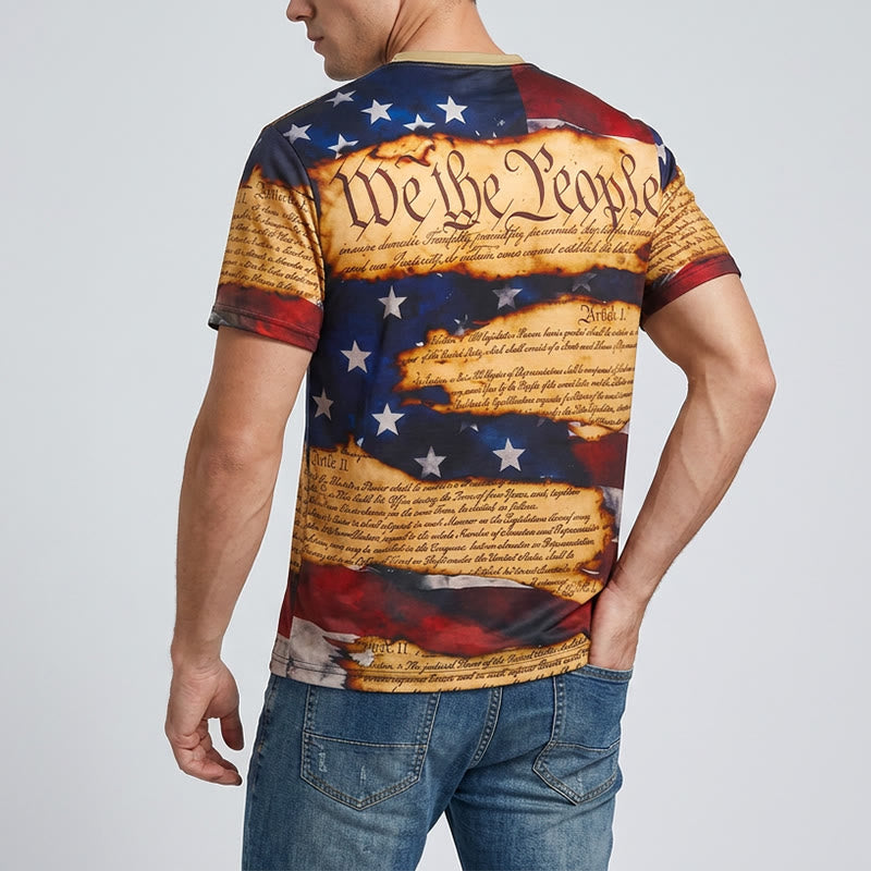 T-shirt Henley pour homme avec imprimé drapeau américain et motif texte vintage - image 3