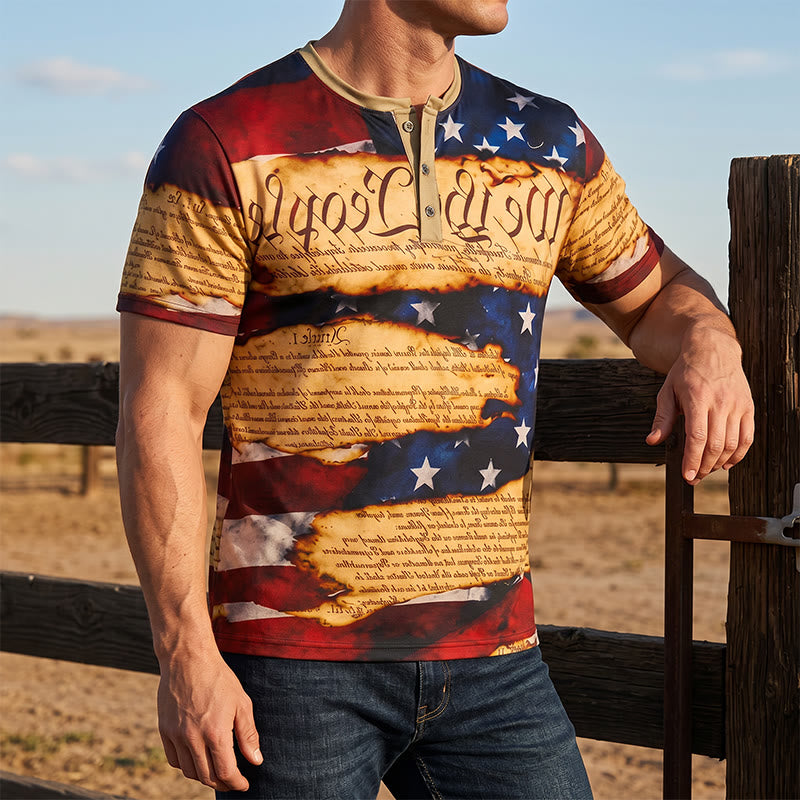 T-shirt Henley pour homme avec imprimé drapeau américain et motif texte vintage - Multicolore - 5XL - image 0