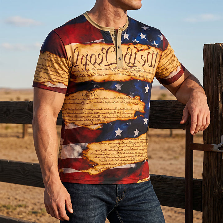 T-shirt Henley pour homme avec imprimé drapeau américain et motif texte vintage - Multicolore - 5XL - image 0