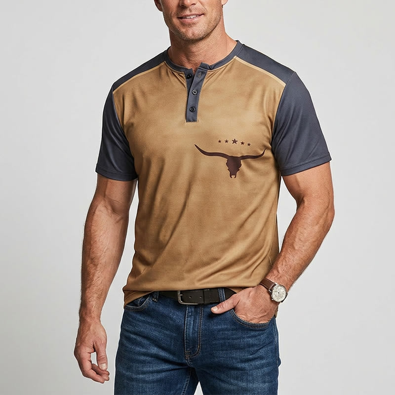 Chemise Henley vintage bicolore à imprimé taureau western pour homme - image 1