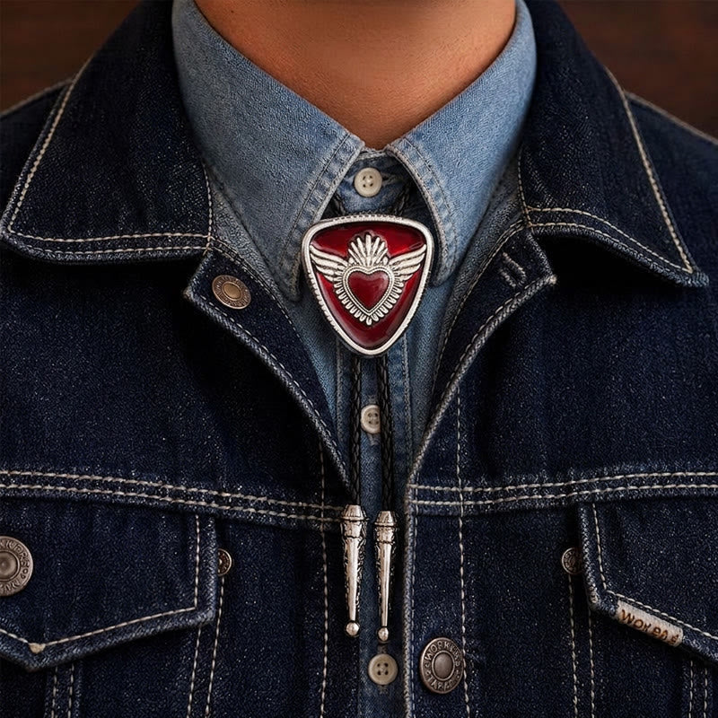 Cravate bolo rétro western à motif ailé et cœur sacré - Rouge - image 1