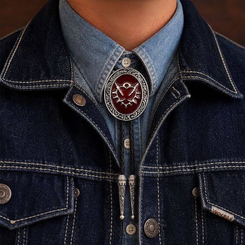 Cravate bolo ovale vintage en forme de balle avec cœur d'épine rouge - Rouge - image 1
