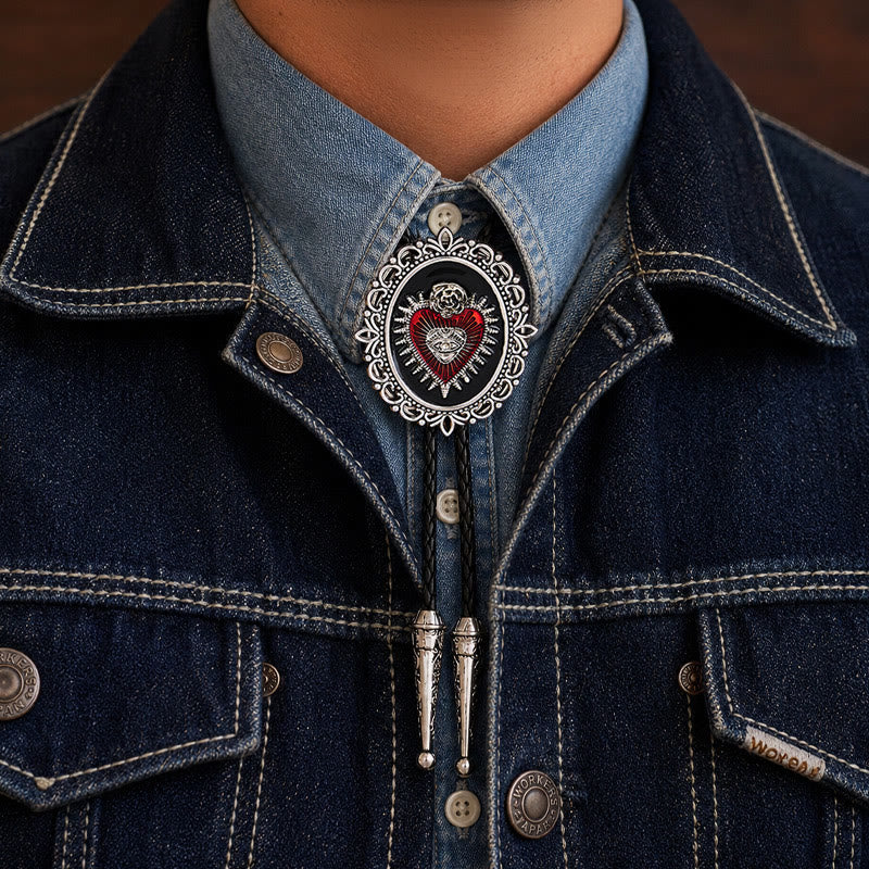 Cravate bolo ovale vintage à motif floral, œil sacré et rose. - Rouge et noir - image 1