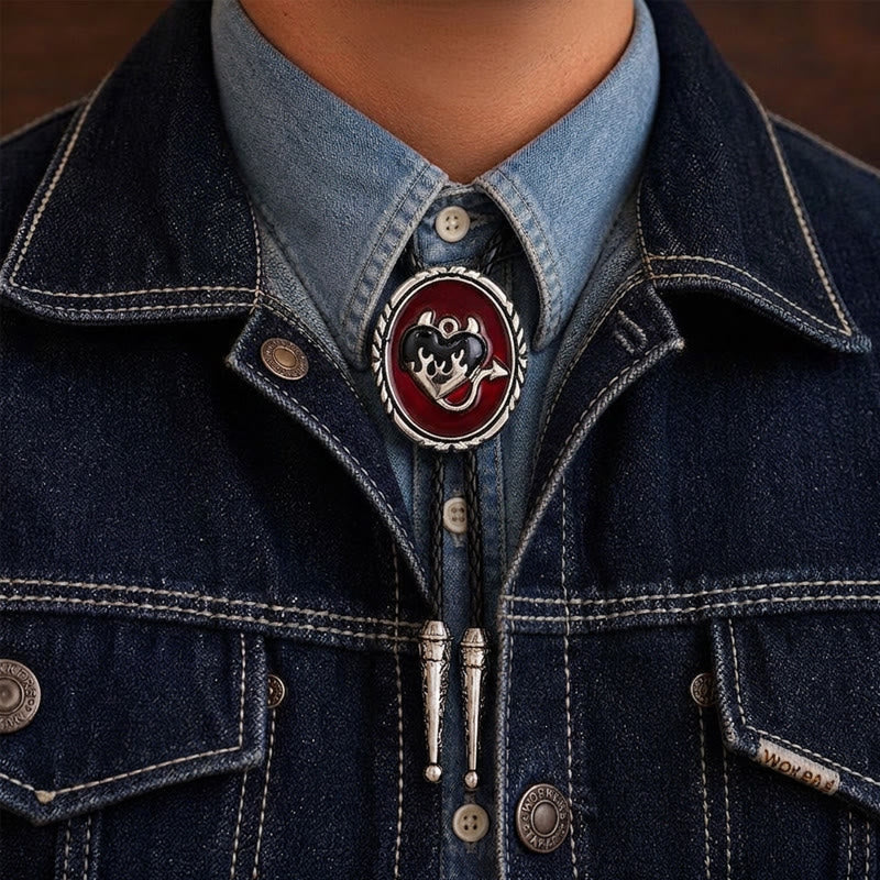 Cravate bolo pendentif western Cœur de diable enflammé - Noir - image 1