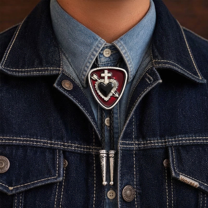 Cravate bolo gothique emo à flèche croisée et cœur brisé - Rouge et noir - image 1