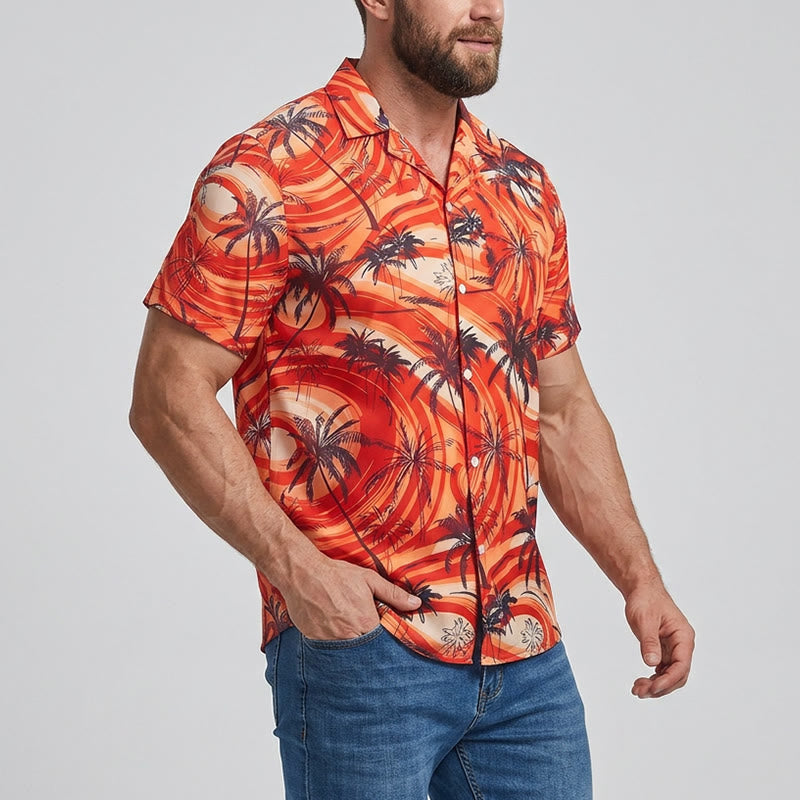 Chemise décontractée d'été pour homme, motif palmiers et vagues orange - image 2