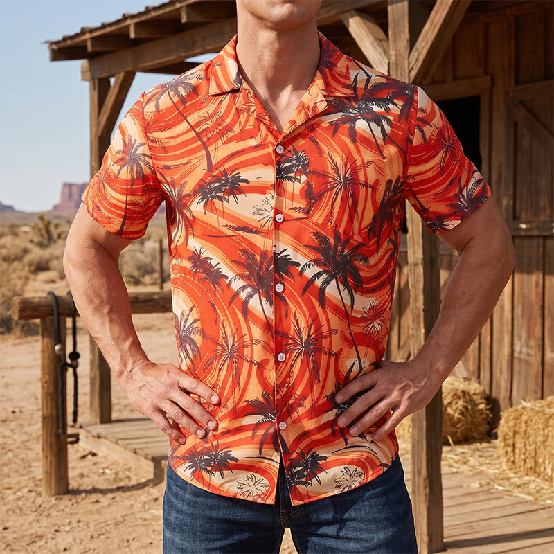 Chemise décontractée d'été pour homme, motif palmiers et vagues orange - Orange - 5XL - image 0
