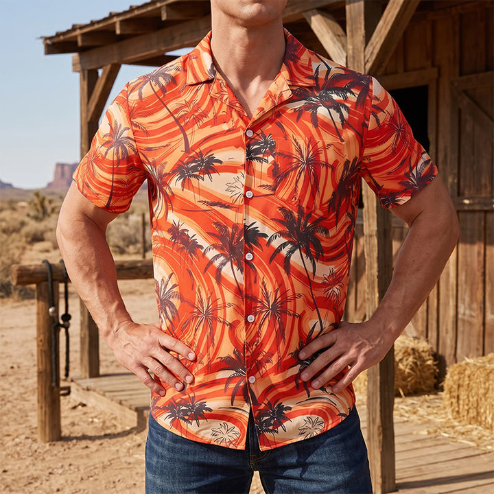 Chemise décontractée d'été pour homme, motif palmiers et vagues orange - Orange - 5XL - image 0