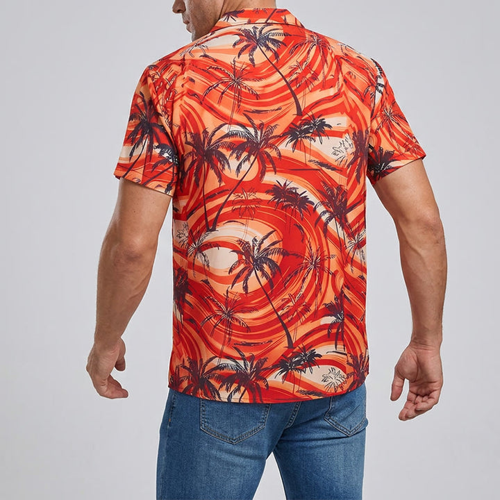 Chemise décontractée d'été pour homme, motif palmiers et vagues orange - image 3