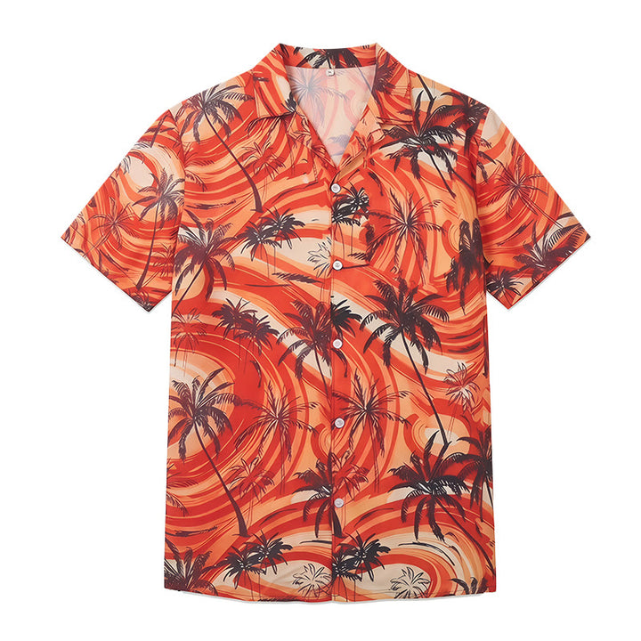 Chemise décontractée d'été pour homme, motif palmiers et vagues orange - image 9