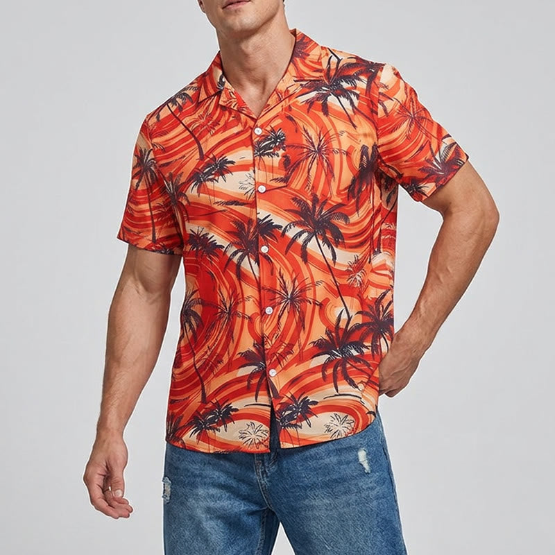 Chemise décontractée d'été pour homme, motif palmiers et vagues orange - image 1