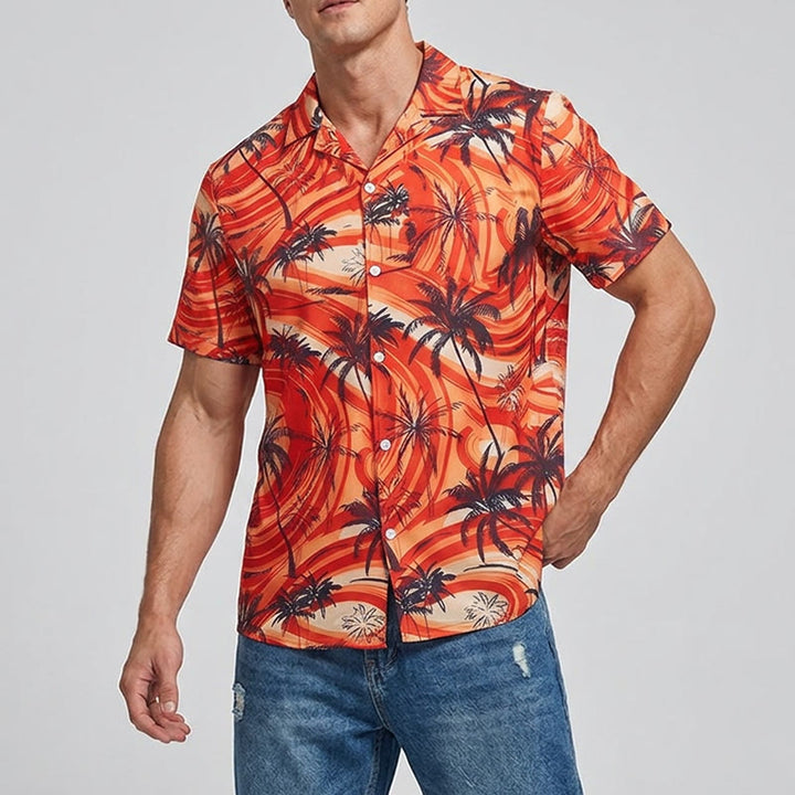 Chemise décontractée d'été pour homme, motif palmiers et vagues orange - image 1