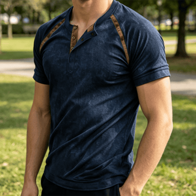 Chemise Henley décontractée d'été vintage pour homme - Bleu marine - 5XL - image 4