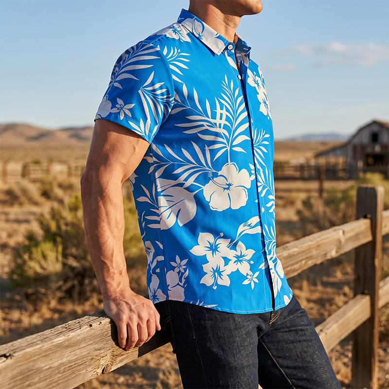Chemise décontractée à imprimé floral et feuilles pour homme, idéale pour les vacances d'été. - Bleu ciel - 5XL - image 0