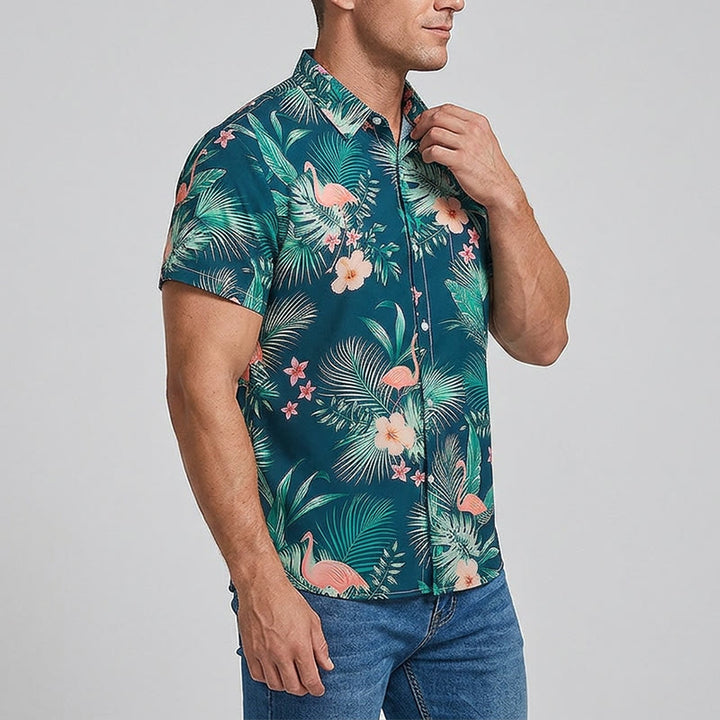 Chemises décontractées d'été pour hommes, imprimé floral flamant rose et feuilles de palmier, style plage. - image 2