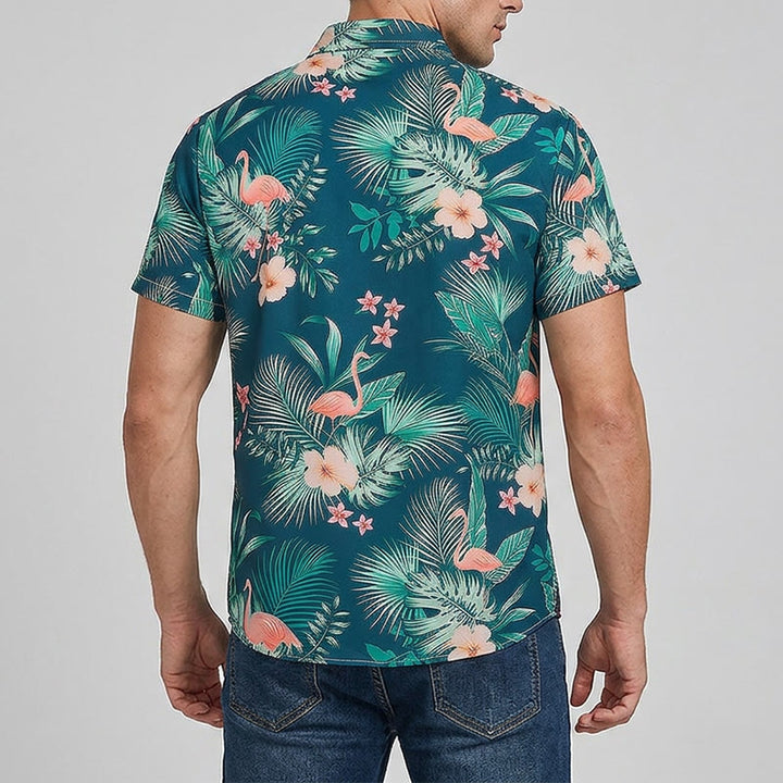 Chemises décontractées d'été pour hommes, imprimé floral flamant rose et feuilles de palmier, style plage. - image 3