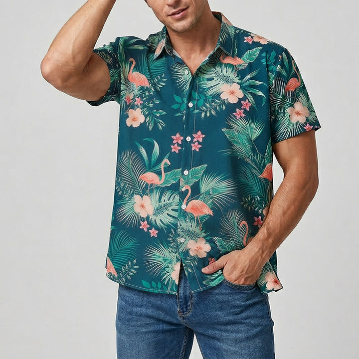 Chemises décontractées d'été pour hommes, imprimé floral flamant rose et feuilles de palmier, style plage. - image 1