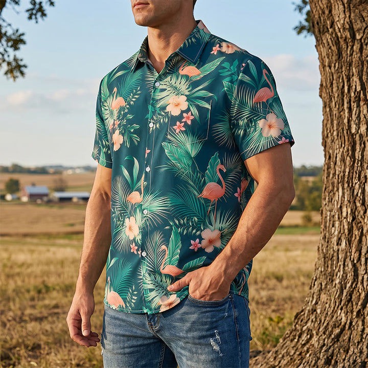 Chemises décontractées d'été pour hommes, imprimé floral flamant rose et feuilles de palmier, style plage. - Vert foncé - 5XL - image 0