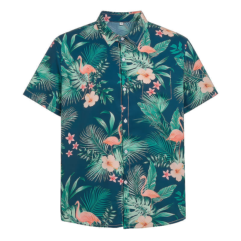 Chemises décontractées d'été pour hommes, imprimé floral flamant rose et feuilles de palmier, style plage. - image 9