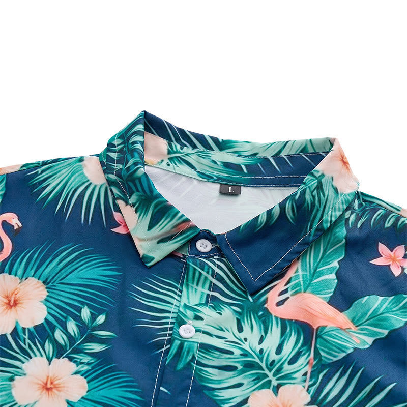 Chemises décontractées d'été pour hommes, imprimé floral flamant rose et feuilles de palmier, style plage. - image 4