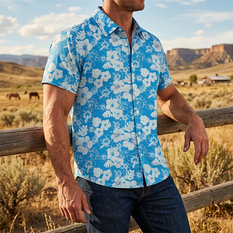 Chemises de plage décontractées pour hommes, à imprimé floral hibiscus bicolore bleu - Multicolore - 5XL - image 0