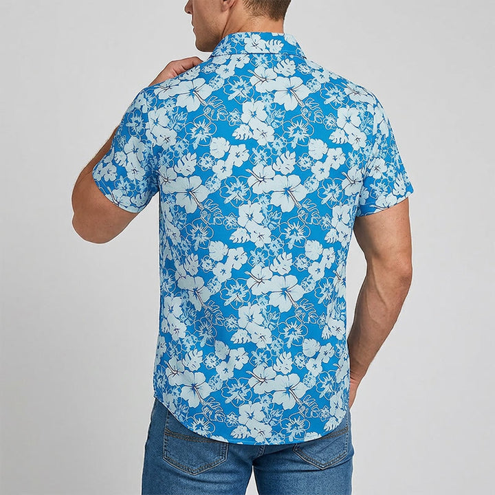 Chemises de plage décontractées pour hommes, à imprimé floral hibiscus bicolore bleu - image 3