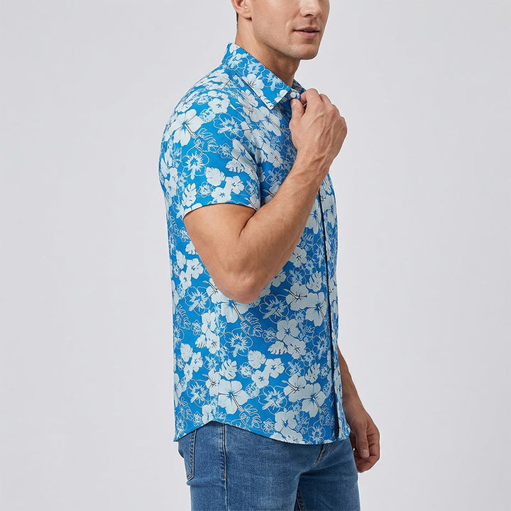 Chemises de plage décontractées pour hommes, à imprimé floral hibiscus bicolore bleu - image 2
