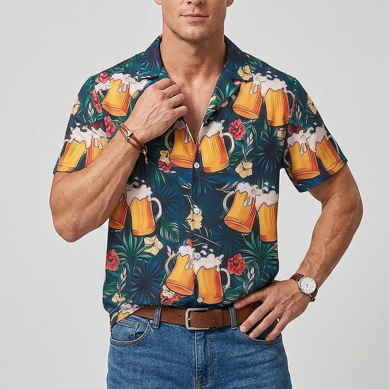 Chemises hawaïennes décontractées à imprimé floral et palmier tropical, style chope à bière pour homme - image 1