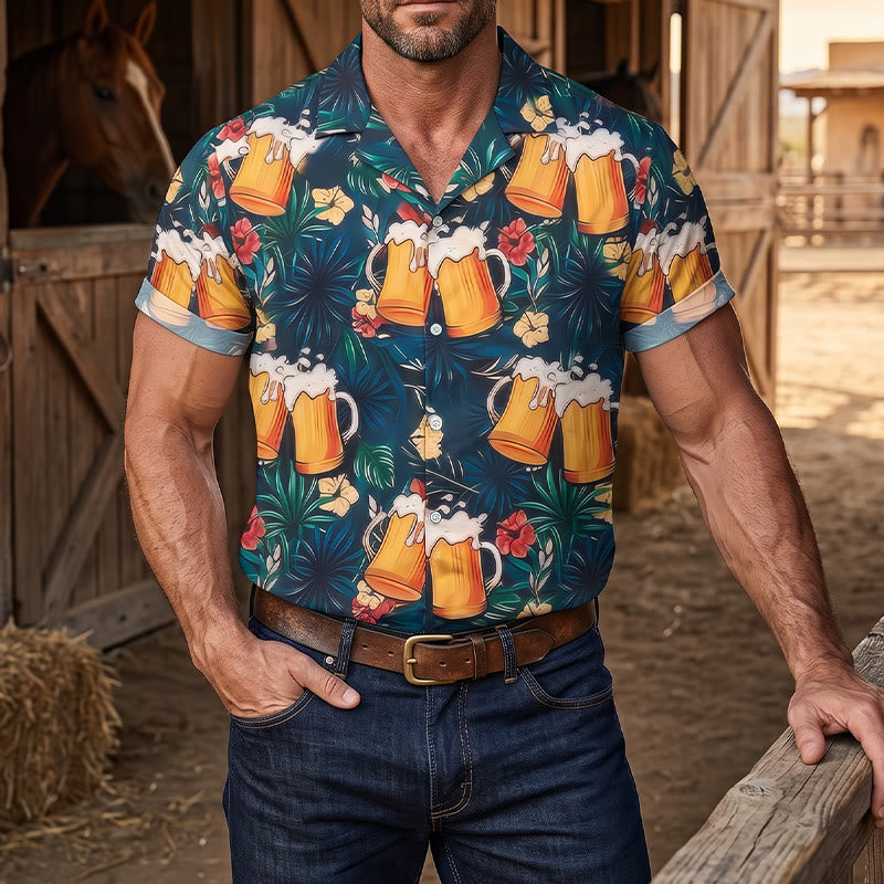 Chemises hawaïennes décontractées à imprimé floral et palmier tropical, style chope à bière pour homme - Multicolore - 5XL - image 0