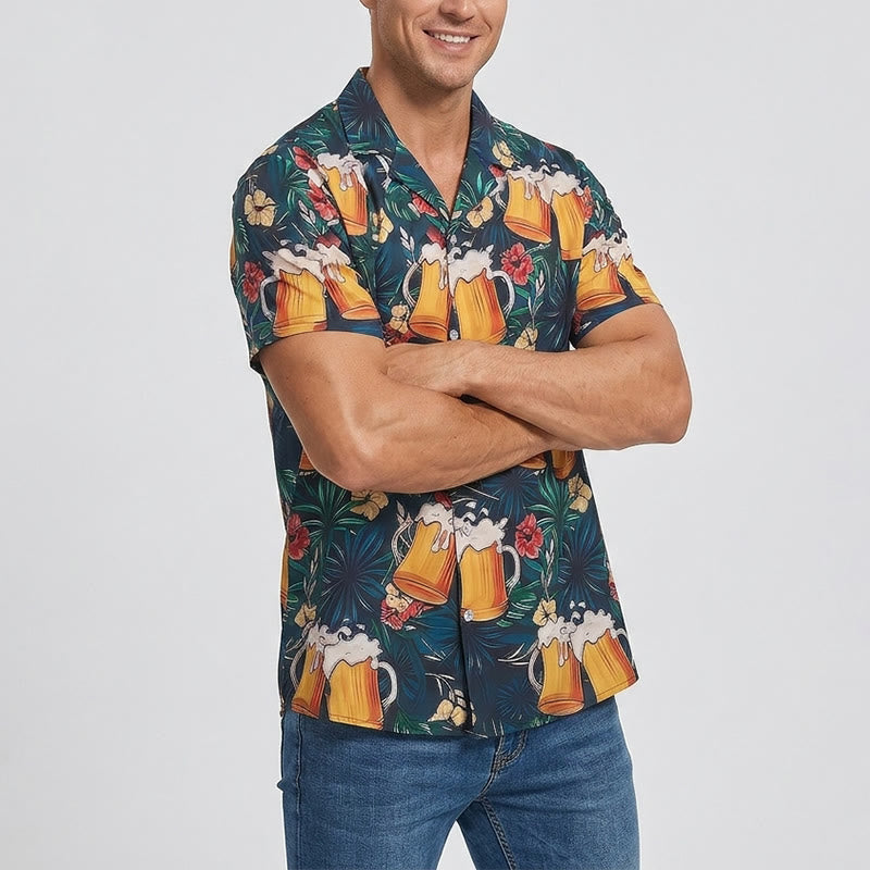 Chemises hawaïennes décontractées à imprimé floral et palmier tropical, style chope à bière pour homme - image 2