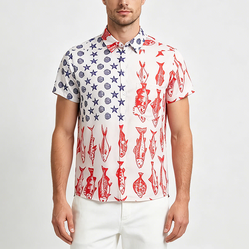 Chemise à manches courtes à imprimé drapeau américain et poissons - image 1