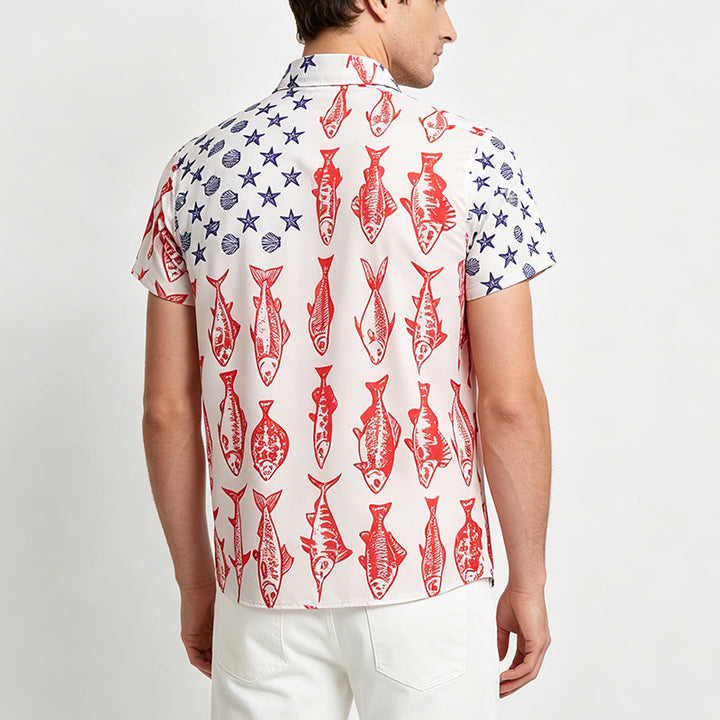 Chemise à manches courtes à imprimé drapeau américain et poissons - image 3