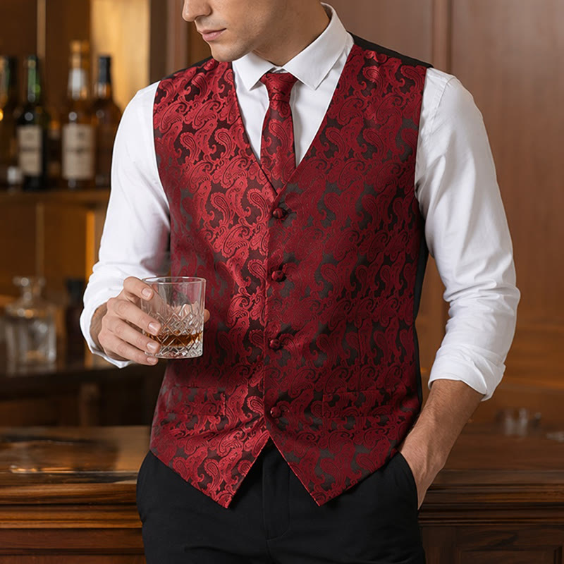 Gilet de costume homme à motif cachemire, style polyvalent, ensemble 4 en 1 - Vin - 3XL - image 0