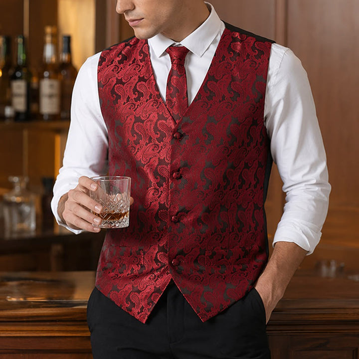 Gilet de costume homme à motif cachemire, style polyvalent, ensemble 4 en 1 - Vin - 3XL - image 0