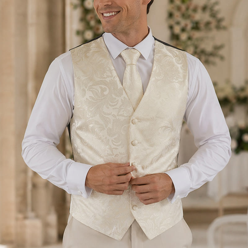 Gilet de costume homme à motif cachemire, style polyvalent, ensemble 4 en 1 - Blanc ivoire - 3XL - image 4