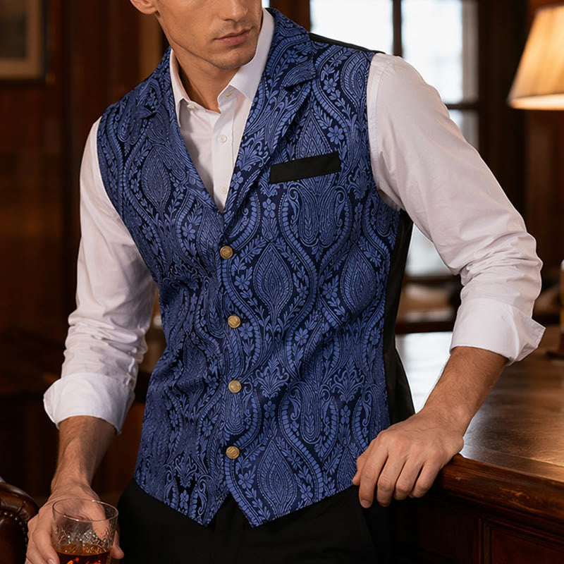 Gilet de costume formel gothique gothique en chenille jacquard à motif floral victorien pour homme - Bleu - 2XL - image 0