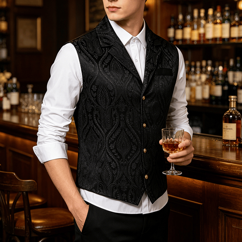 Gilet de costume formel gothique gothique en chenille jacquard à motif floral victorien pour homme - Noir - 2XL - image 4
