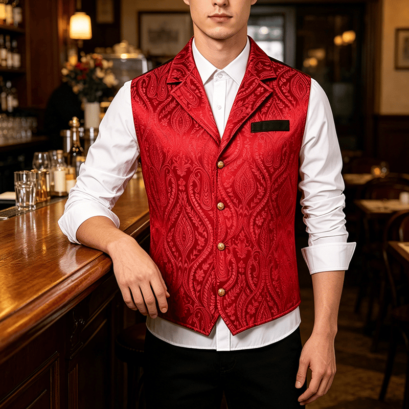 Gilet de costume formel gothique gothique en chenille jacquard à motif floral victorien pour homme - Vin - 2XL - image 5