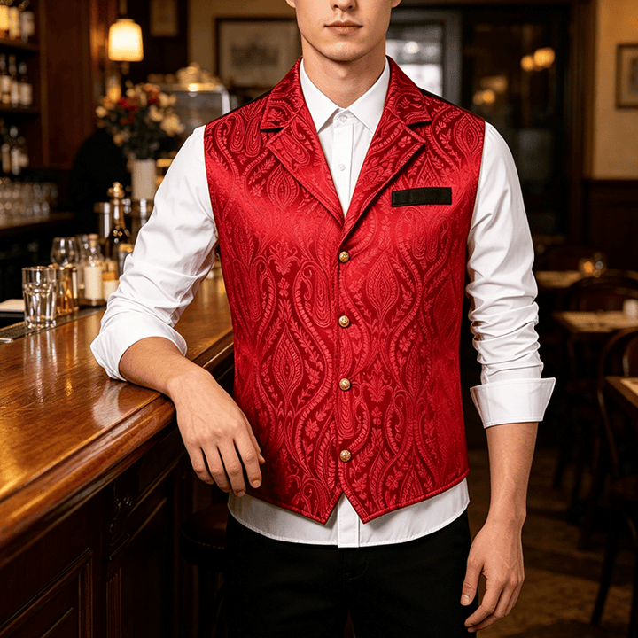 Gilet de costume formel gothique gothique en chenille jacquard à motif floral victorien pour homme - Vin - 2XL - image 5