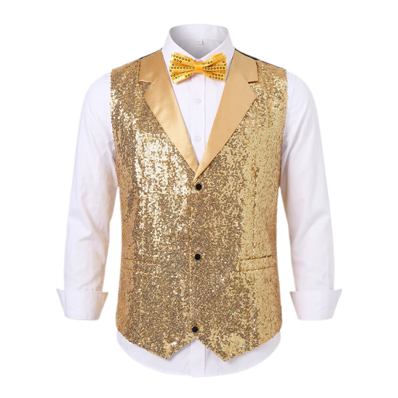 Ensemble 2 pièces pour homme : gilet de soirée à paillettes dorées avec nœud papillon. - image 10