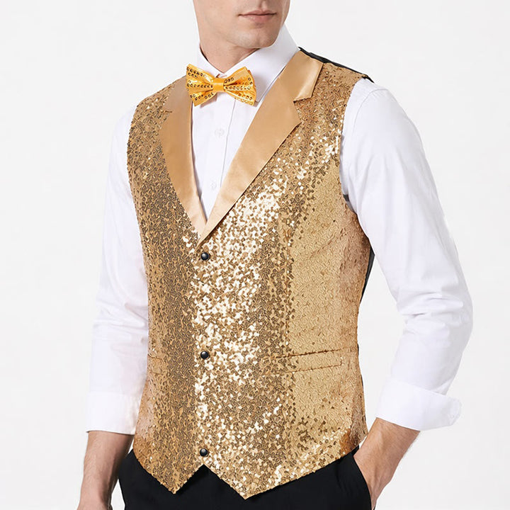 Ensemble 2 pièces pour homme : gilet de soirée à paillettes dorées avec nœud papillon. - image 3