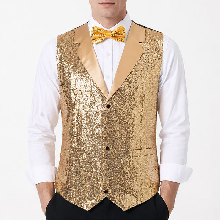 Ensemble 2 pièces pour homme : gilet de soirée à paillettes dorées avec nœud papillon. - image 1