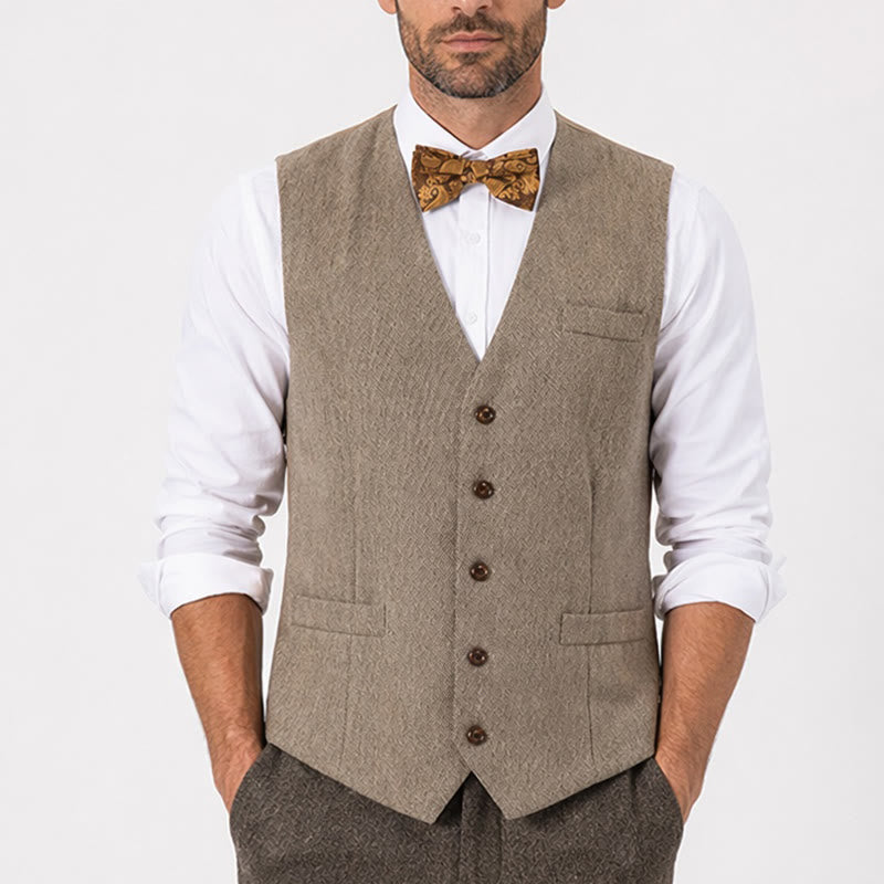 Ensemble 2 pièces pour homme : gilet de costume kaki rustique avec nœud papillon à motifs cachemire. - image 1